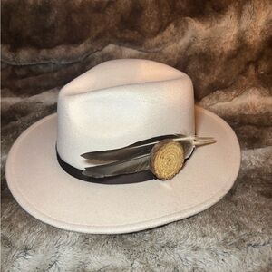 Cream Fedora Hat with Feather Accent